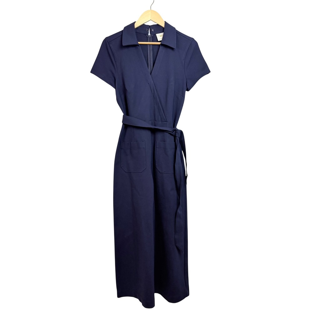 NEW Maeve Anthropologie Navy Blue Wrap Wide Leg Jumpsuit  8 Short Sleeve Pocket